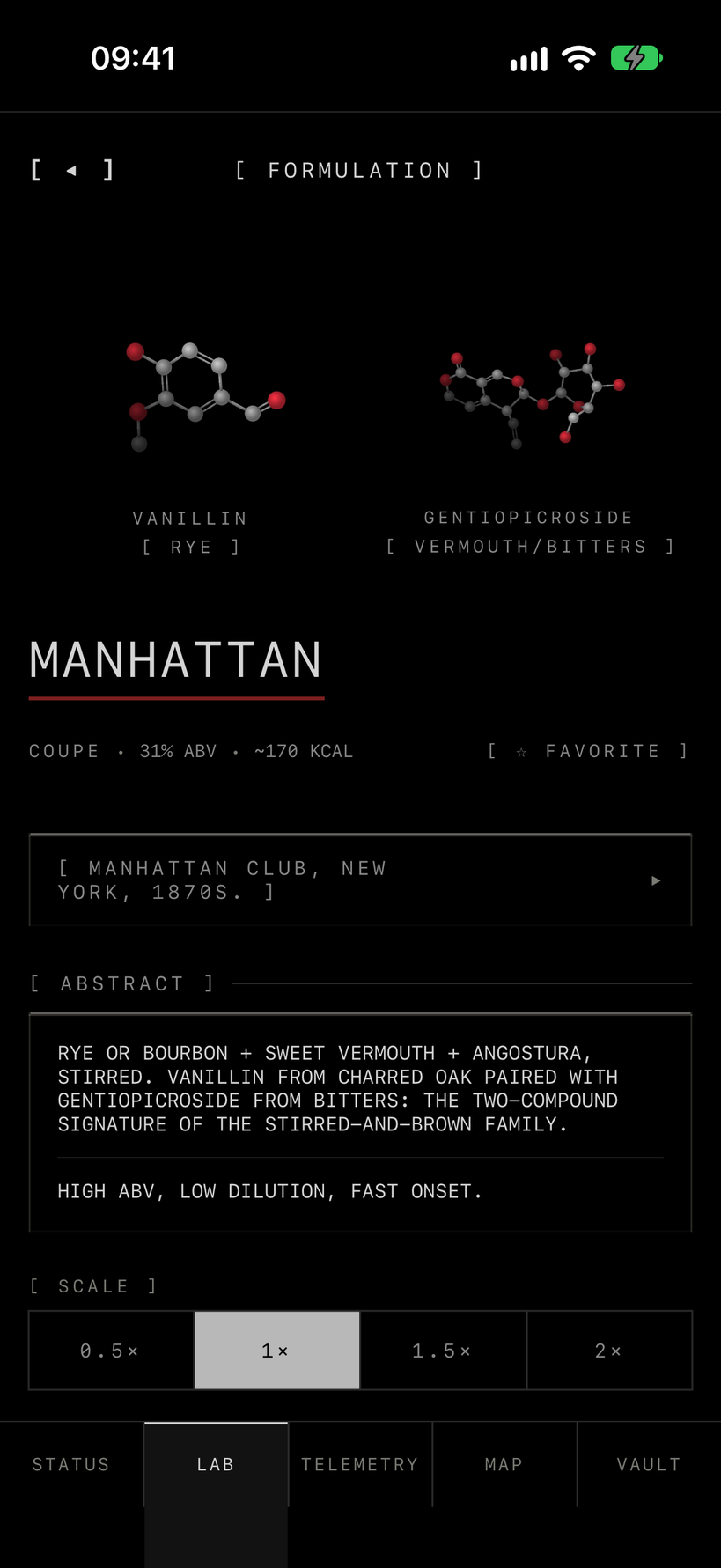 Manhattan formulation: the vanillin and gentiopicroside structures drawn above the drink name and attributed to the rye and to the vermouth and bitters, a coupe · 31% ABV · ~170 kcal spec line, a favorite toggle, a provenance note placing the build at the Manhattan Club in 1870s New York, an abstract naming the two-compound signature of the stirred-and-brown family, and a batch scale control