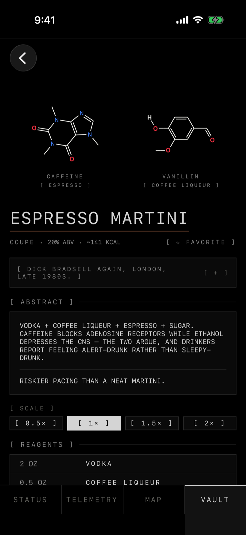 Espresso Martini formulation showing caffeine and vanillin molecule structures, ABV and calories, an abstract, and reagents