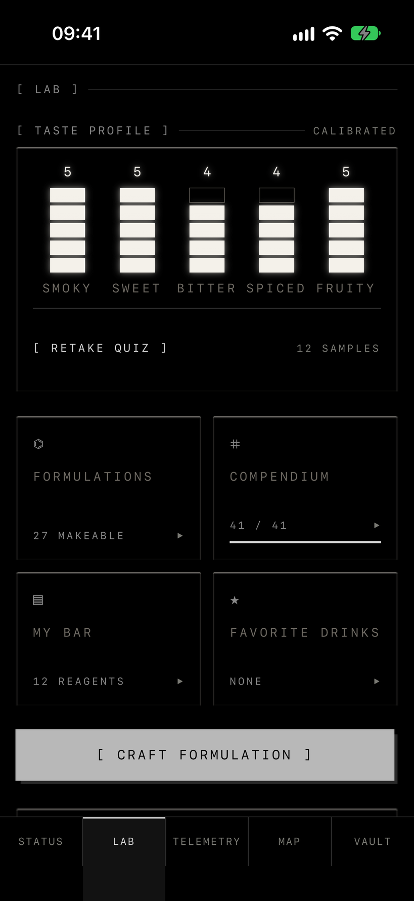 The LAB tab: a calibrated taste profile metering smoky, sweet, bitter, spiced and fruity off 12 samples, above tiles reading 27 formulations makeable, a 41 of 41 molecule compendium, a bar holding 12 reagents and an empty favorites list, and a control to craft a new formulation