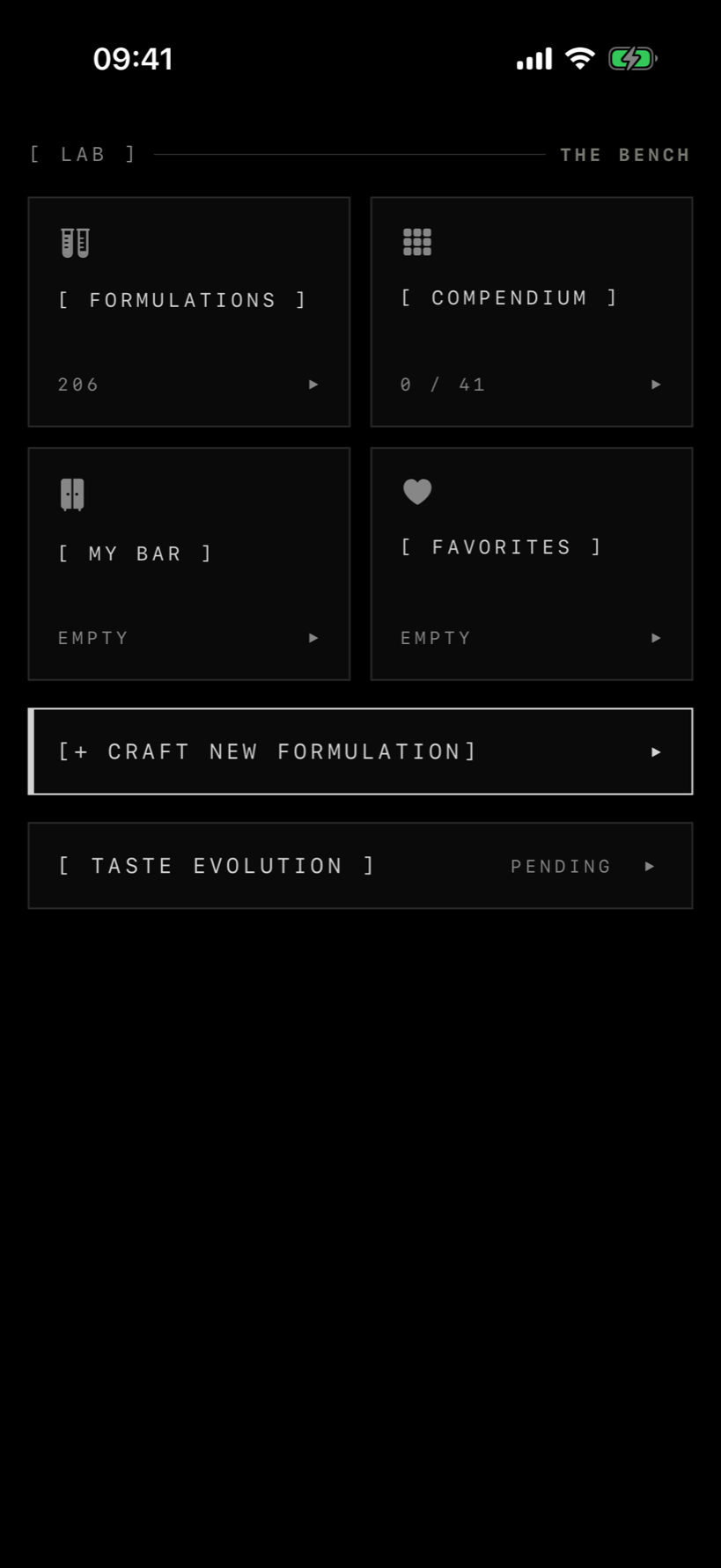 The LAB tab — tiles for 206 formulations, a 0 of 41 molecule compendium, an empty my-bar and an empty favorites list, above controls to craft a new formulation and open taste evolution
