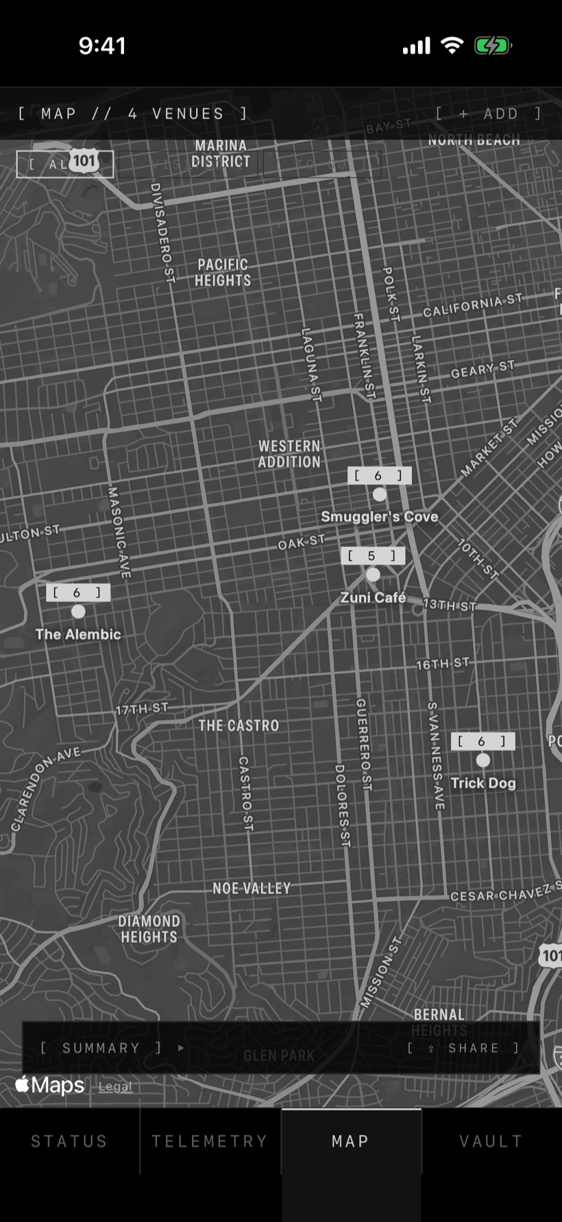 Dark-styled map of San Francisco with four tagged venues, each pin showing a drink count