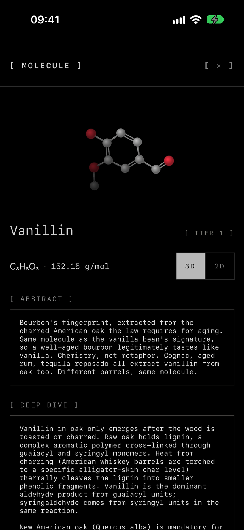 Molecule detail for vanillin: a ball-and-stick structure with its oxygens in red, the formula C8H8O3 at 152.15 grams per mole, a 3D / 2D toggle, and an abstract placing it as bourbon's fingerprint, extracted from charred American oak