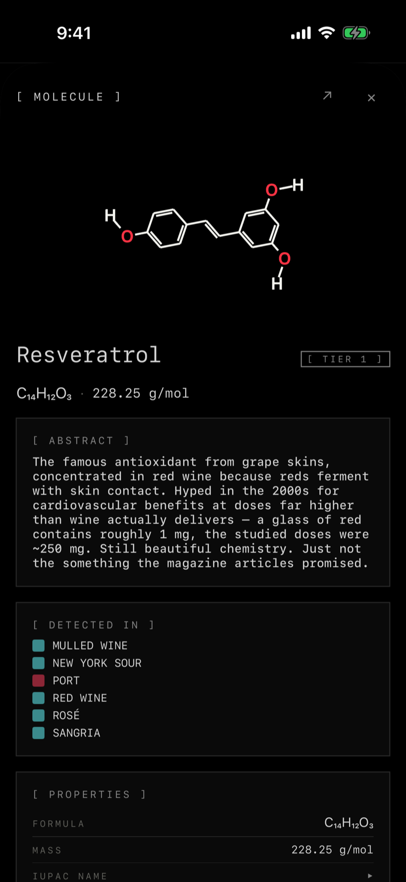 Molecule detail for resveratrol — ball-and-stick structure, chemical formula, mass, an abstract, and the drinks it is detected in