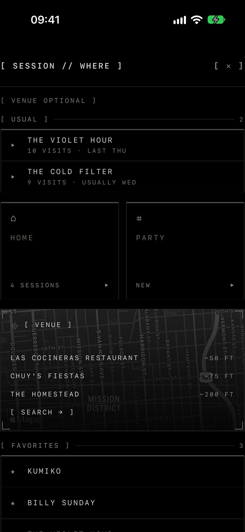 Session venue picker, headed VENUE OPTIONAL: usual spots The Violet Hour and The Cold Filter listed with visit counts and typical nights, home and party tiles, a dark map of the Mission District listing three nearby venues by distance, and a favorites list