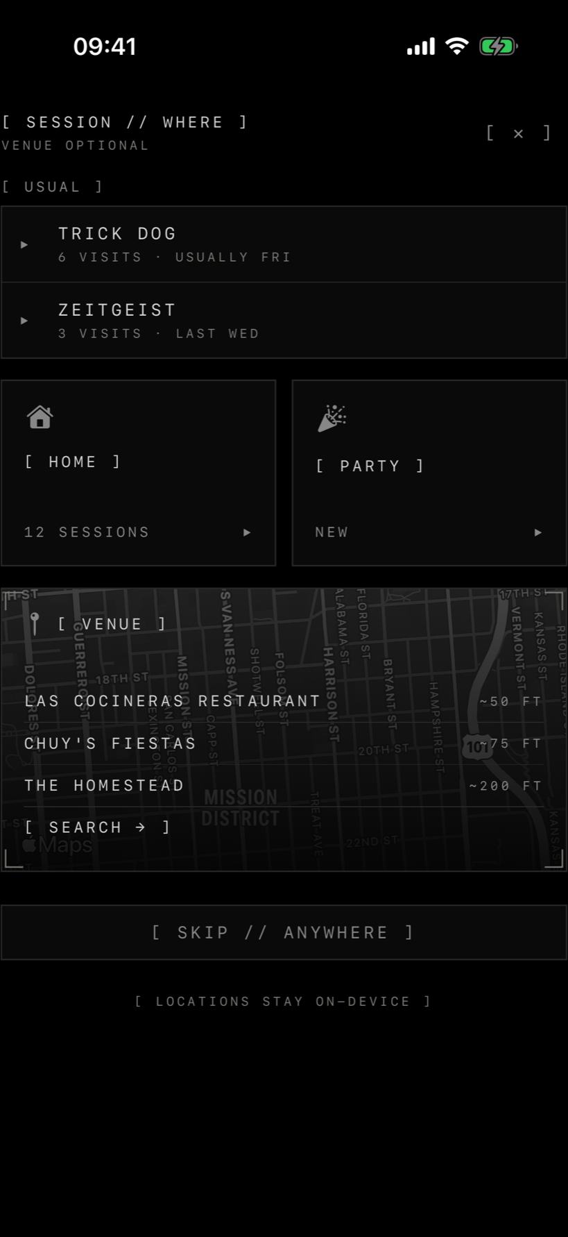 Session venue picker — usual spots Trick Dog and Zeitgeist listed with visit counts and typical nights, home and party tiles, and a dark map of the Mission District listing nearby venues by distance
