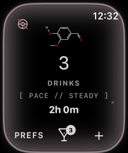 ETHANOL on Apple Watch mid-session: the skeletal structure of vanillin, the last drink's signature molecule, above a count of 3 drinks, a [ PACE // STEADY ] readout, 2h 0m elapsed, and a bottom row carrying preferences, the running count and an add button