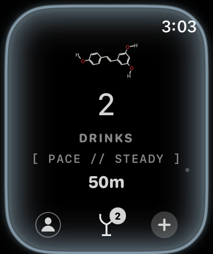 ETHANOL on Apple Watch mid-session — the skeletal structure of the last drink's signature molecule above a count of 2 drinks, a [ PACE // STEADY ] chip, 50m elapsed, and a one-tap add button